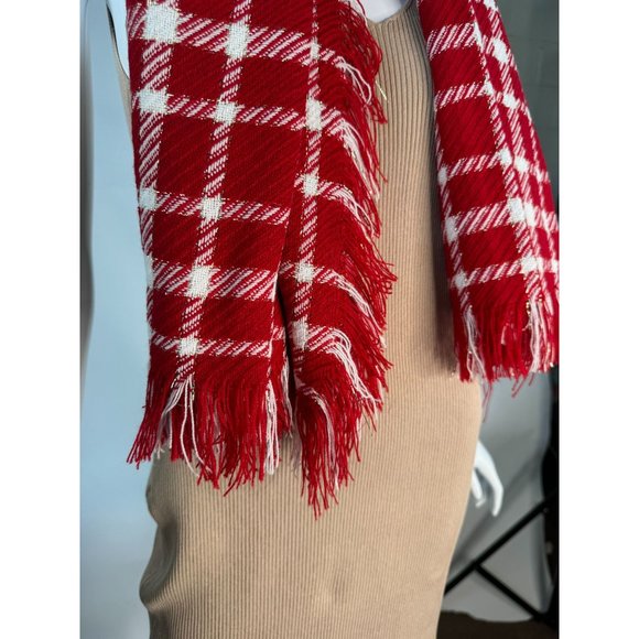 Red Plaid Scarf Shawl With Fringe 43" x 43" Polyester Blend - Picture 9 of 16